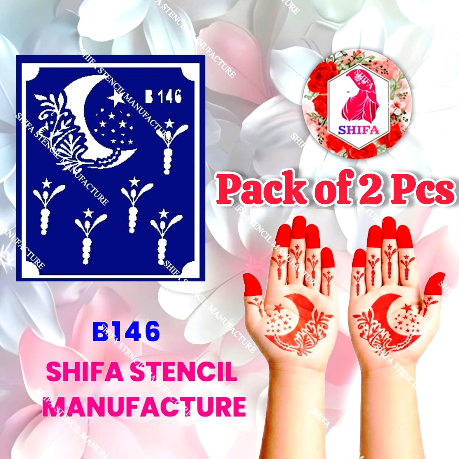 B146 (age 5 to 10) Starry Blossom Crescent Glow Double Hand Henna Stencil - Shifa Stencil